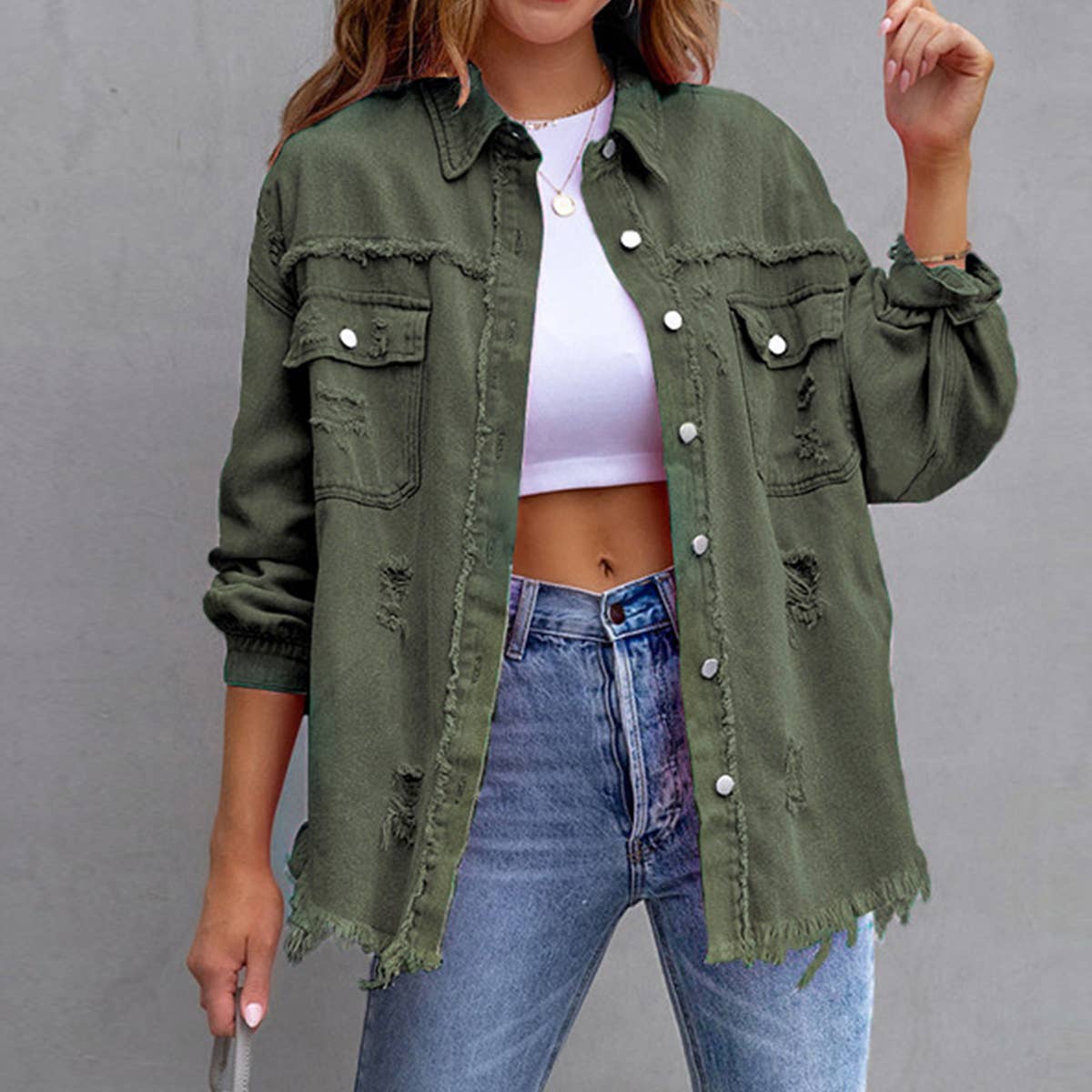 Old solid color denim coat with lapel and ripped raw edge: KHAKI / (L) 1