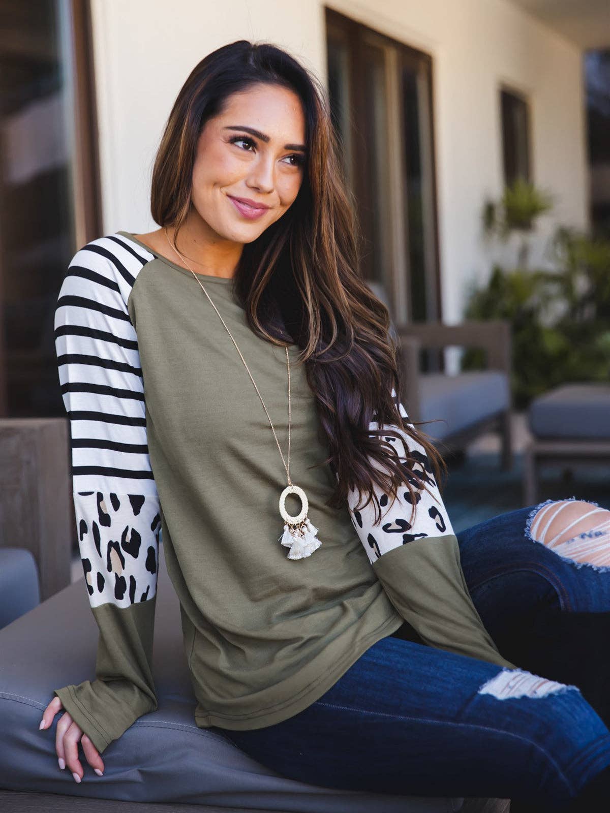 Stripe Animal Print Nancy Top: Orange / Medium