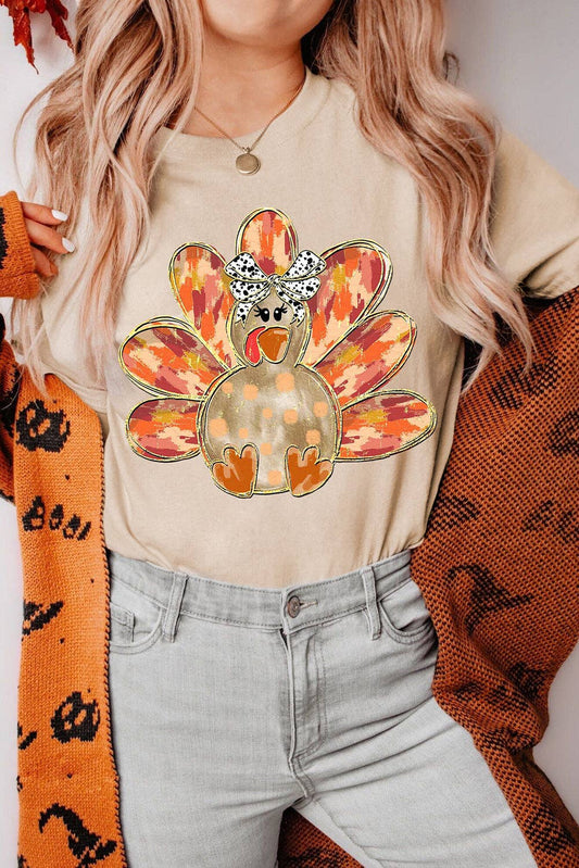 Khaki Thanksgiving Bowknot Turkey Graphic Crewneck Tee: Khaki / 62%Polyester+32%Cotton+6%Elastane / 2XL