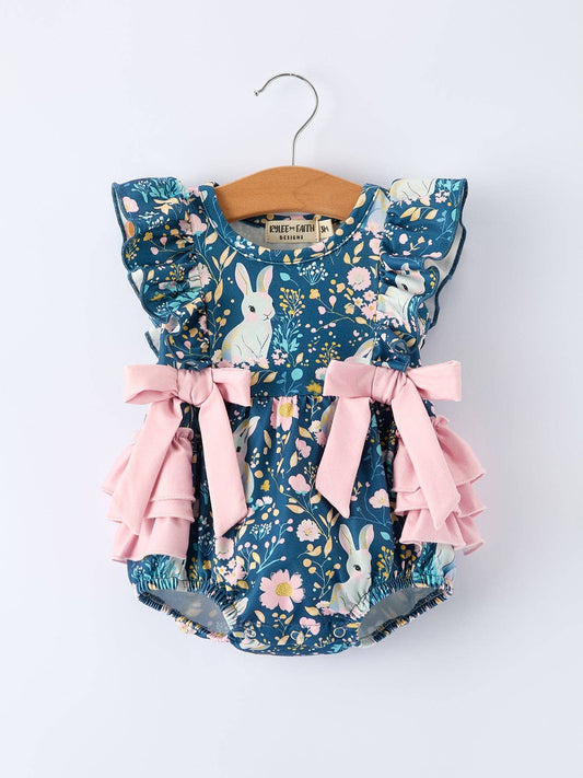 Teal Easter Bunny Garden Ruffle Sleeve Baby Girls Romper: 12M