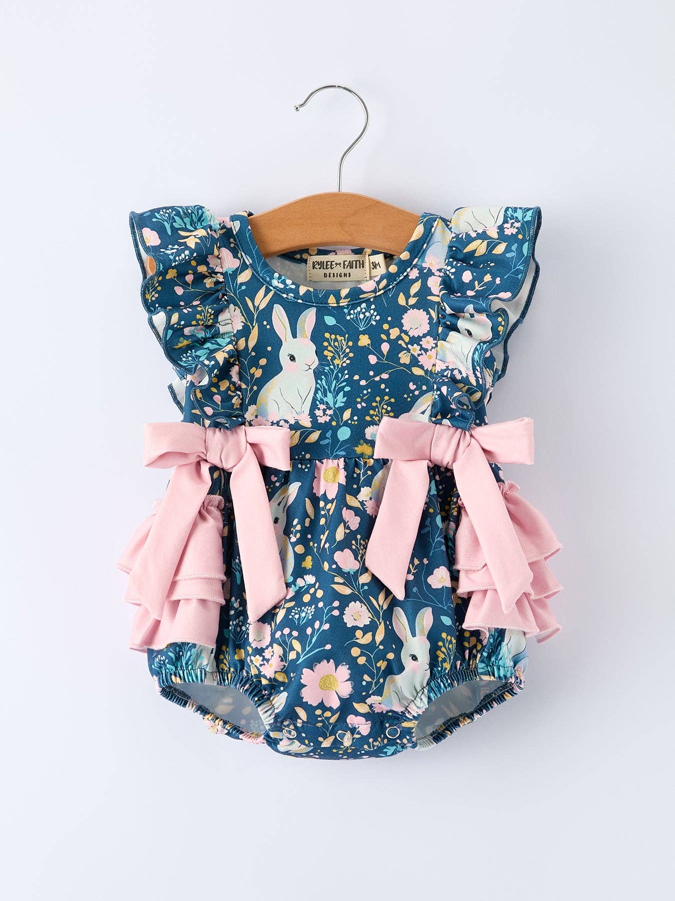 Teal Easter Bunny Garden Ruffle Sleeve Baby Girls Romper: 18M