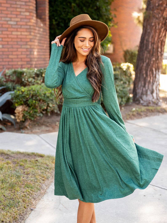 Long Sleeve Isla Wrap Dress: Green / Medium