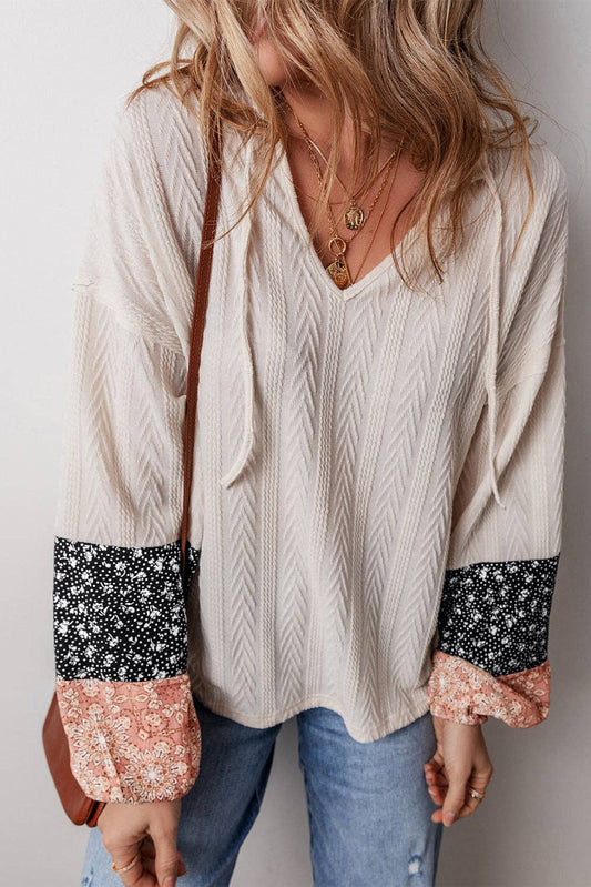Floral Patchwork Textured Knit Drawstring V Neck Blouse: Beige / 97%Polyester+3%Elastane / S