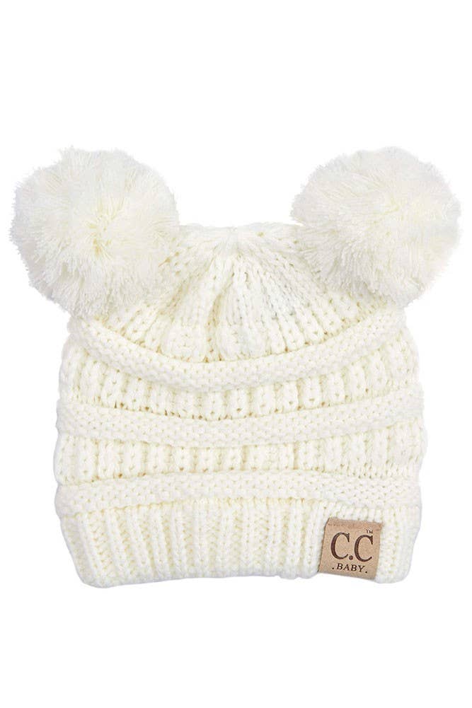C.C Baby Knit Double Pom Pom Beanie: Beige