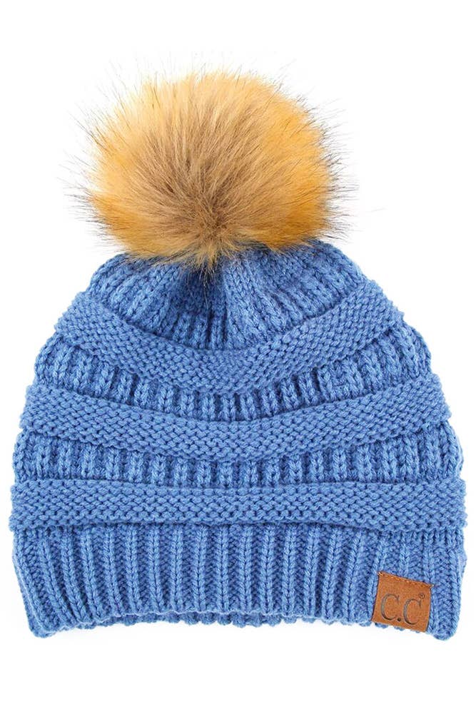 C.C Solid Ribbed Knit Beanie With Pom: Dark Purple