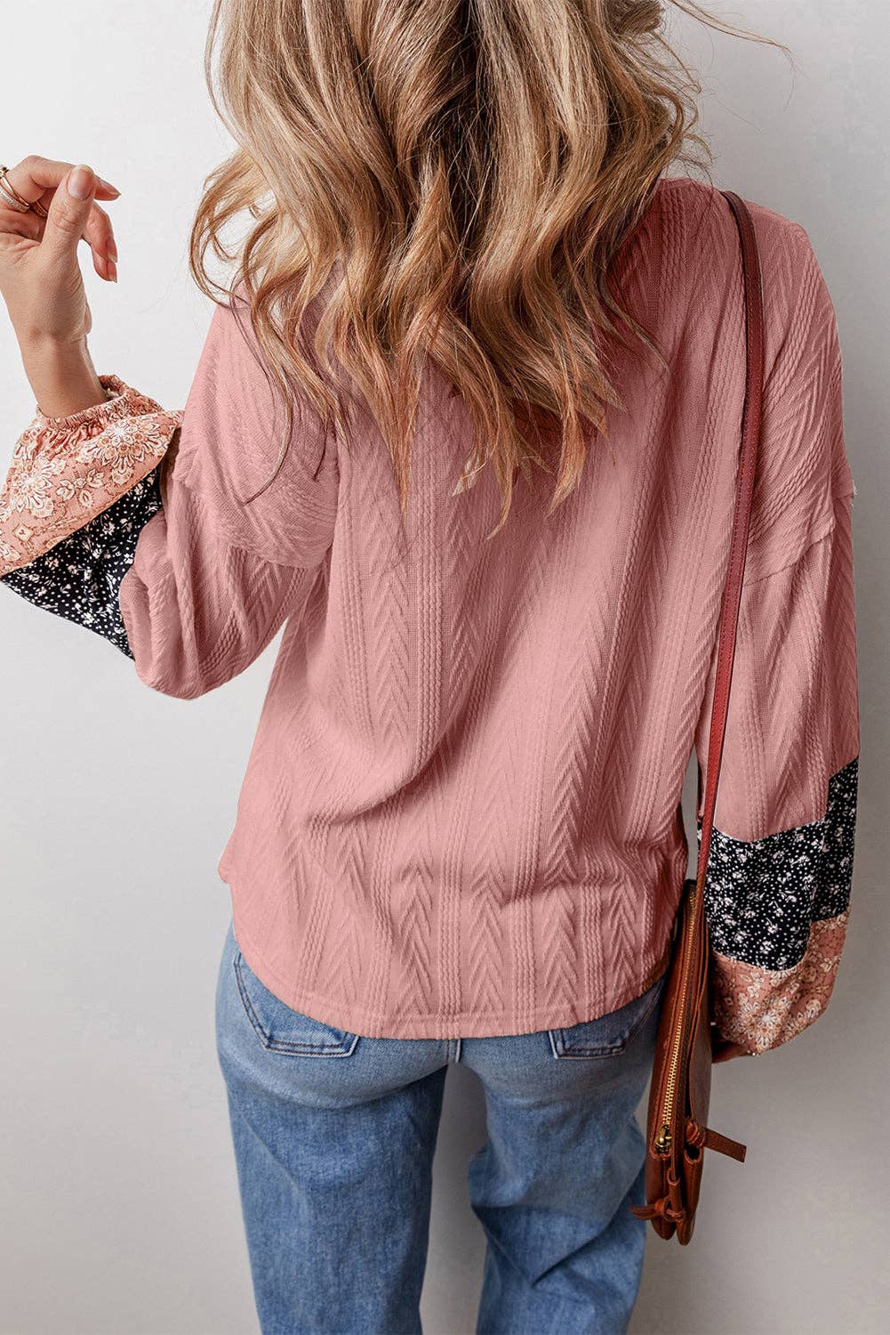 Floral Patchwork Textured Knit Drawstring V Neck Blouse: Dusty Pink / 97%Polyester+3%Elastane / M