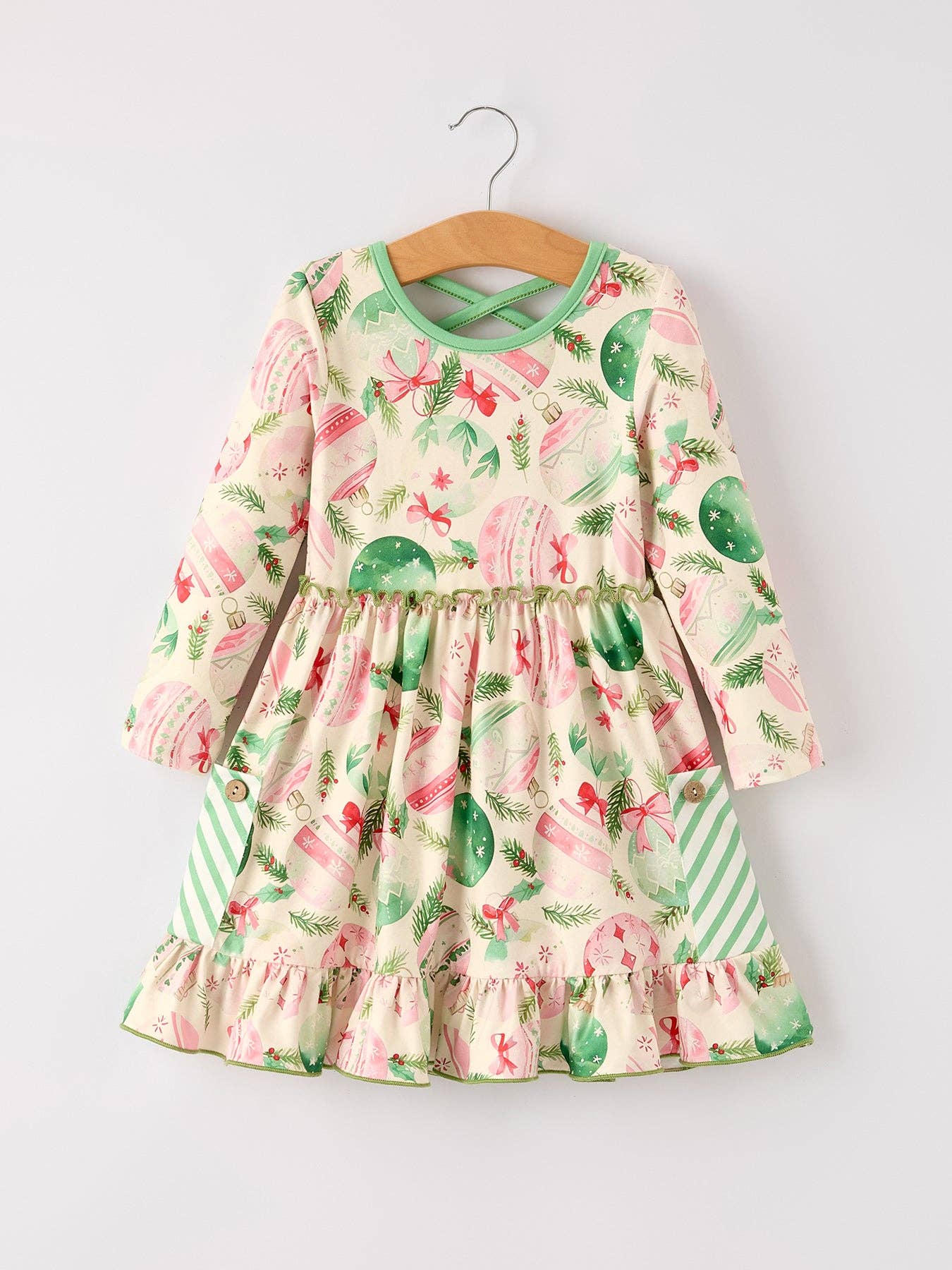 Winter Christmas Green Girls Pocket Dress: 5