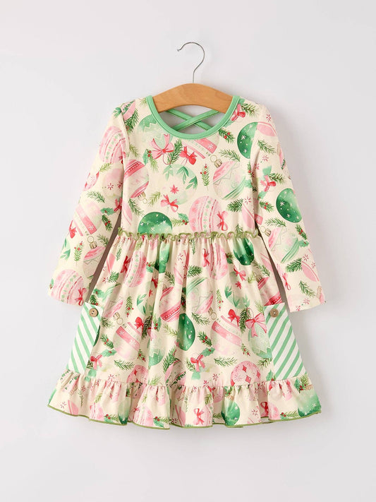 Winter Christmas Green Girls Pocket Dress: 4