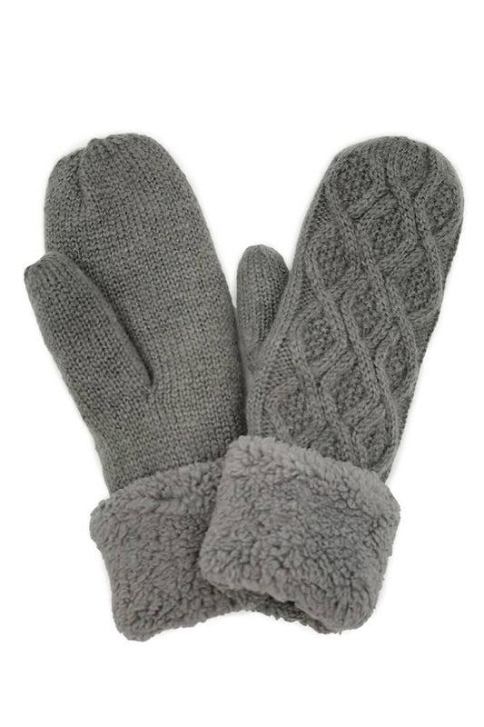 Cable Knit Sherpa Mittens: Gray
