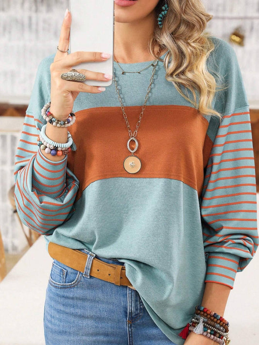 Colorblocked fall sloucy striped long-sleeved sweatshirts: Green / XL