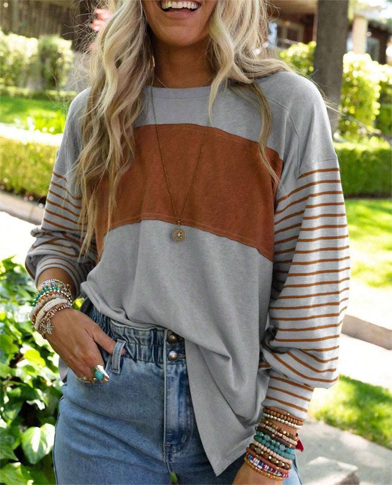 Colorblocked fall sloucy striped long-sleeved sweatshirts: Green / M