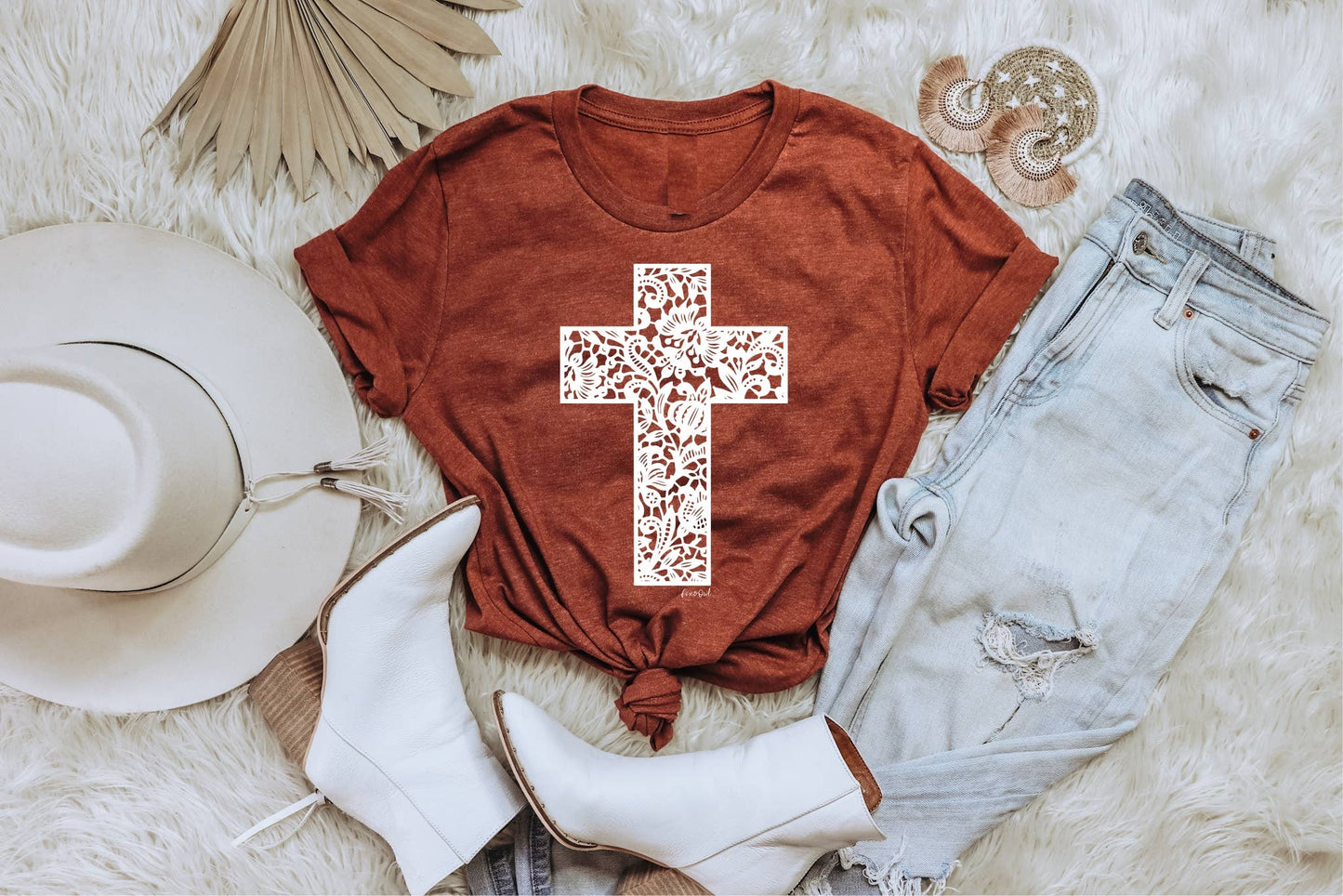Fall Bella Canvas Rust Lace Cross Christian Graphic Tee : S