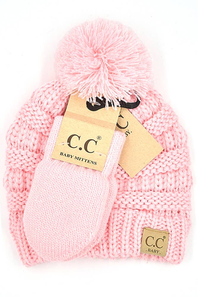 C.C Baby Solid Ribbed Pom Beanie and Mitten Glove: Indi Pink