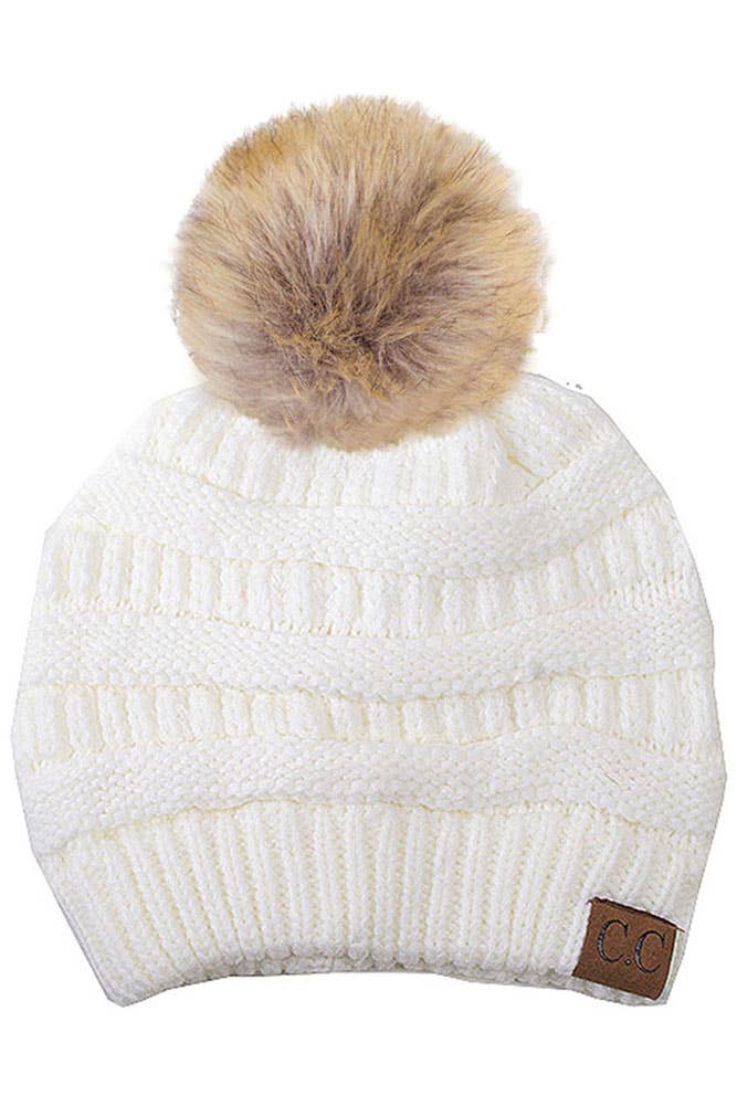 C.C Solid Ribbed Knit Beanie With Pom: Dark Melange Gray