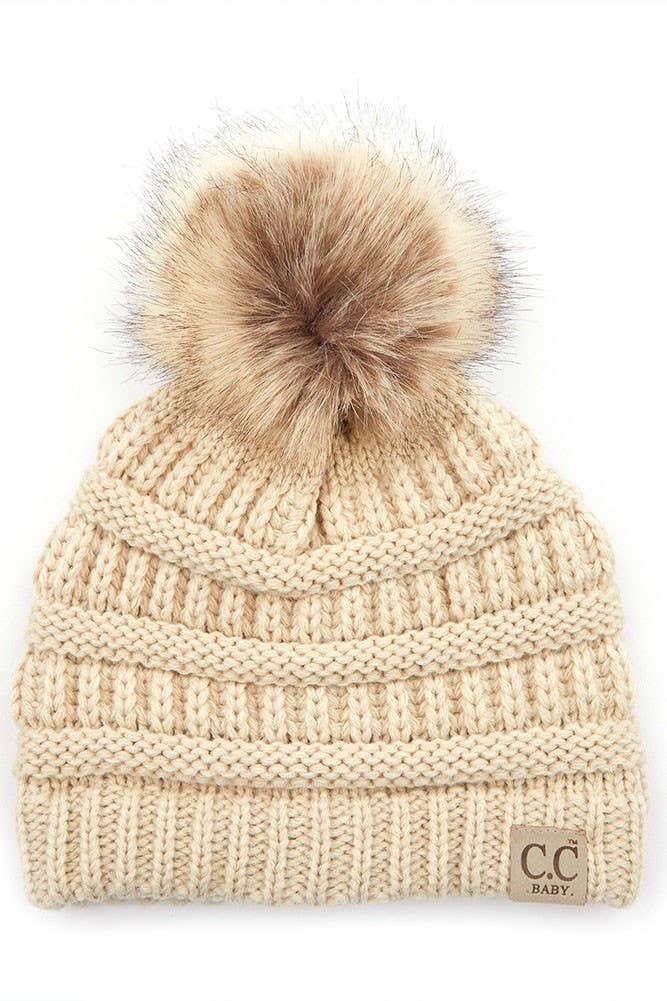C.C Solid Ribbed Infant Natural Fur Pom Beanie: Light Melange Gray