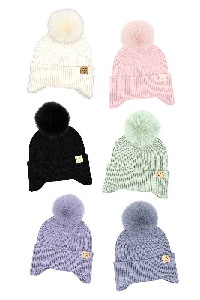 C.C Kids Ear Flap Pom Beanie: Lavender