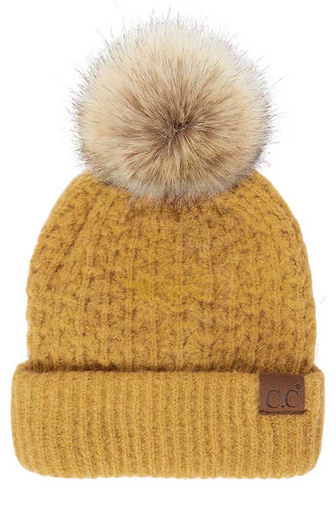 C.C Smocking Stitch Pattern Cuff Beanie with Pom Winter Hat: Beige