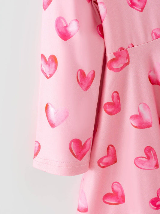 Girls Valentine Party Dress – Pink Heart Print Long Sleeve: 2