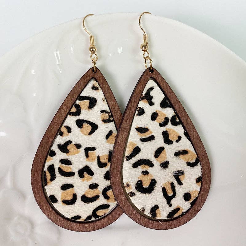 Leopard-print Horsehair Cowhide Wooden Drop Earrings - WJ: 2