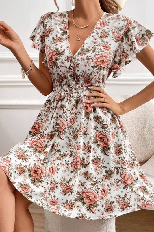 CWDSD8784_SUMMER LACE SLEEVE WAIST FLORAL DRESS: MULTICOLOR / (S) 1