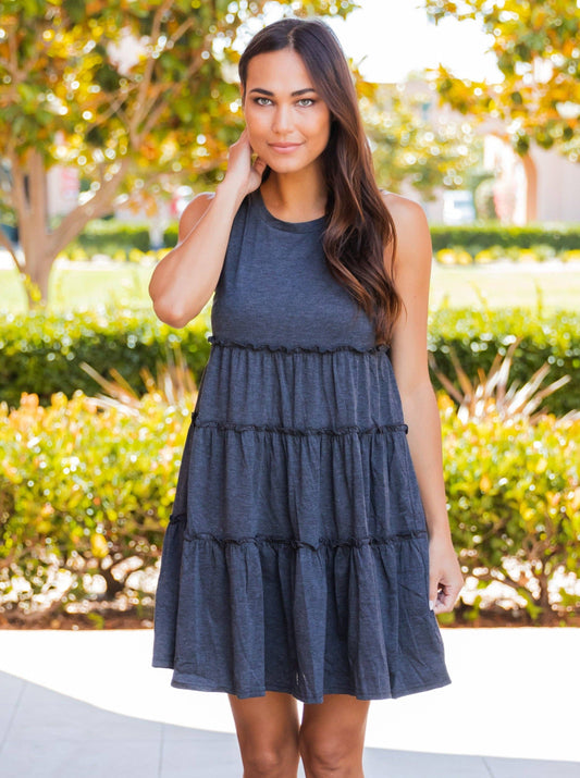 Peplum Tiered Ruffle Swing Dress: Charcoal Gray / X-Large
