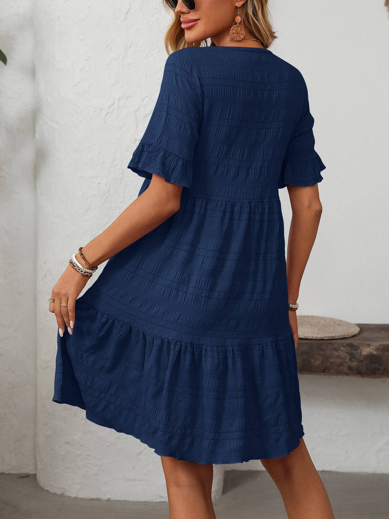 Women Ruffle Sleeve A Line Tiered Flowy Casual Trendy Mini Dress: Bean paste powder / 100% Polyester / S
