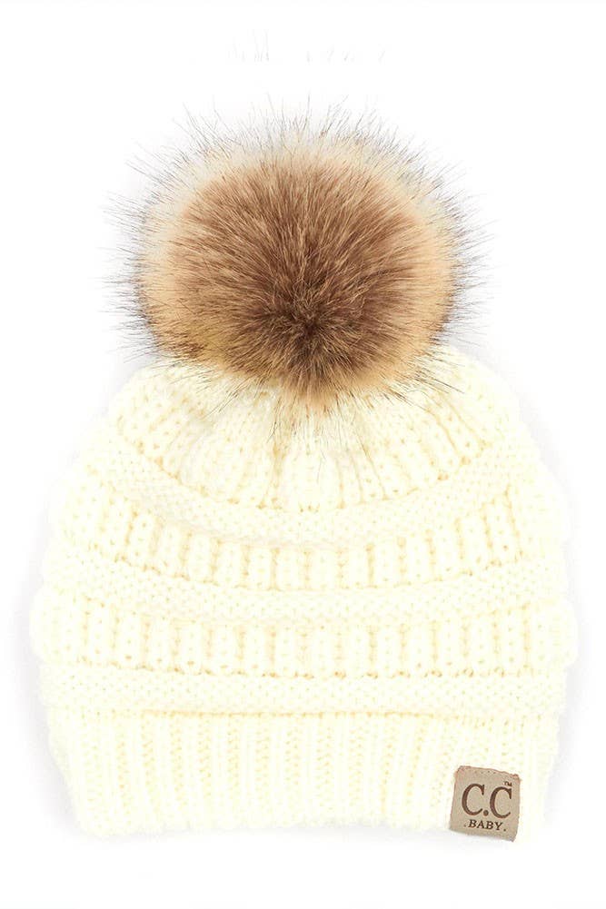 C.C Solid Ribbed Infant Natural Fur Pom Beanie: New Lavender