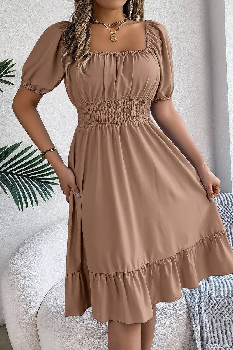 CWDSD4632_SQUARE NECK SHORT SLEEVE WAIST PEPLUM DRESS: KHAKI / (XL) 1