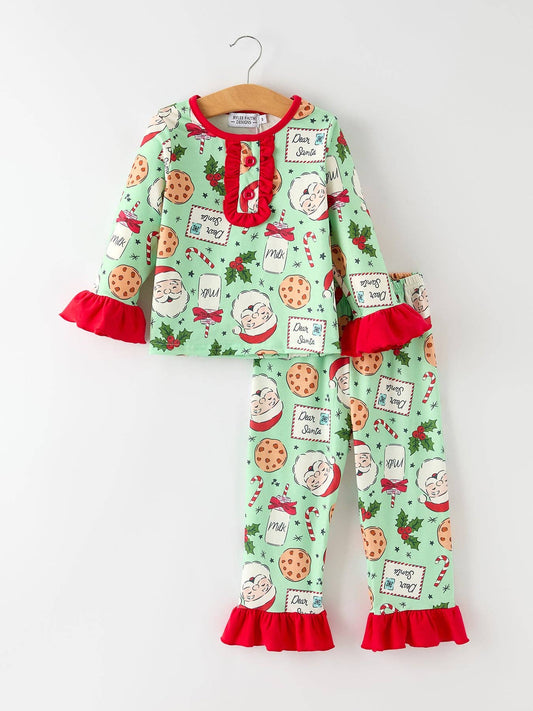 Christmas Santa and Cookie Print Girls Pajamas with Red Ruffle: 3