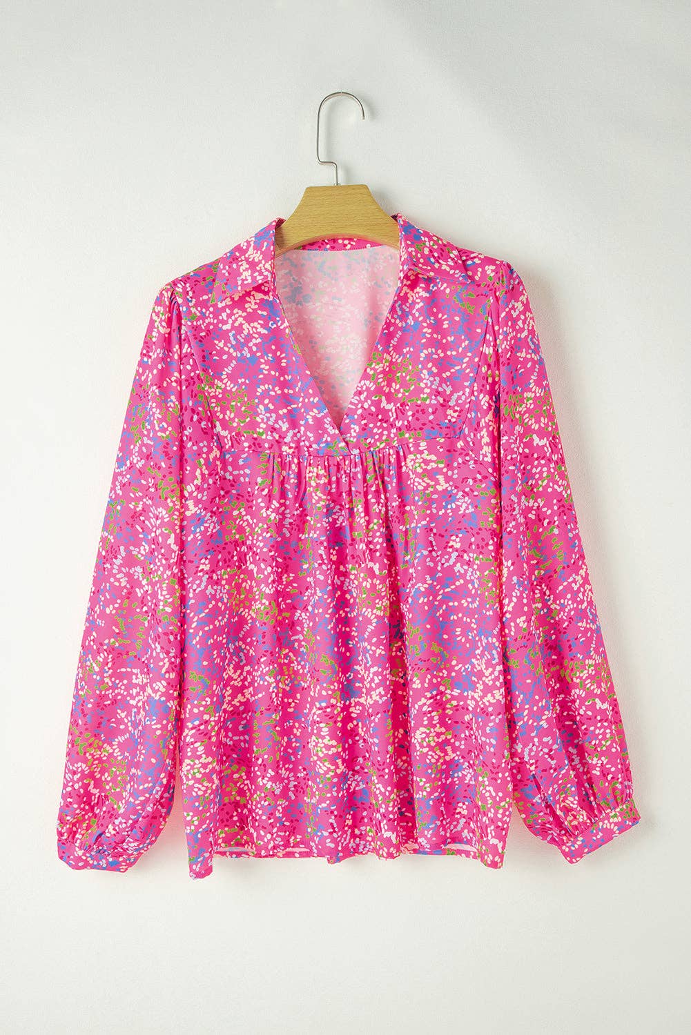 Abstract Print Collared V Neck Babydoll Blouse: Bonbon / 100%Polyester / S