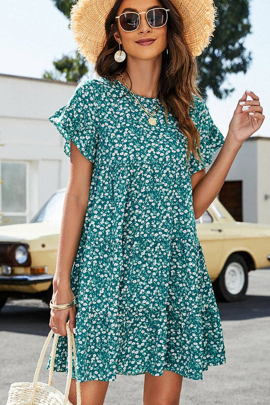 CWDSD1377_MULTI PATTERNED RUFFLE SLEEVE MIDI DRESS: GREEN / (S) 1