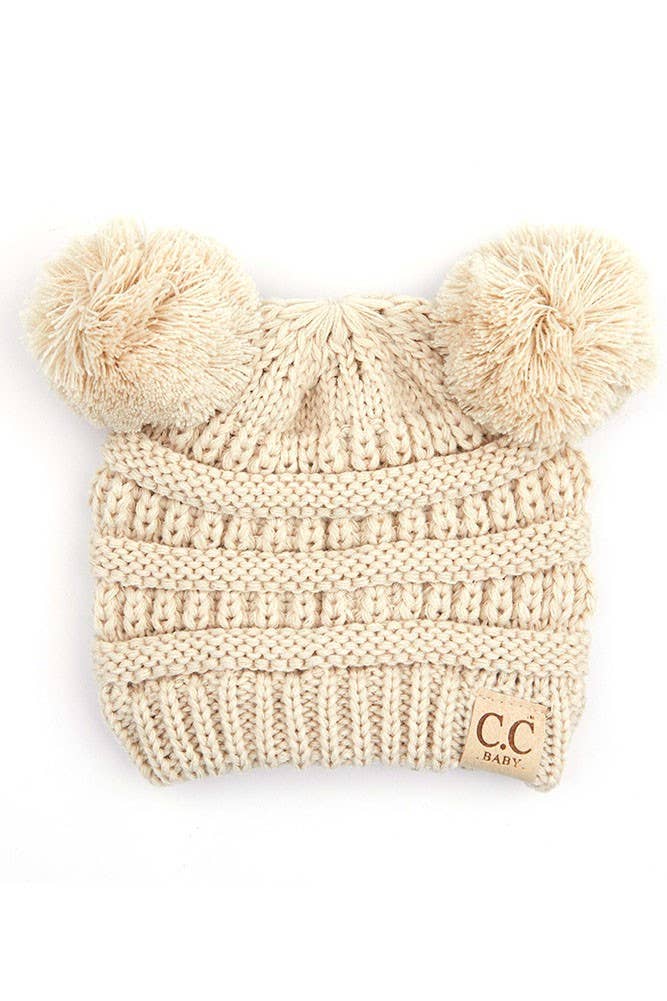 C.C Baby Knit Double Pom Pom Beanie: Beige