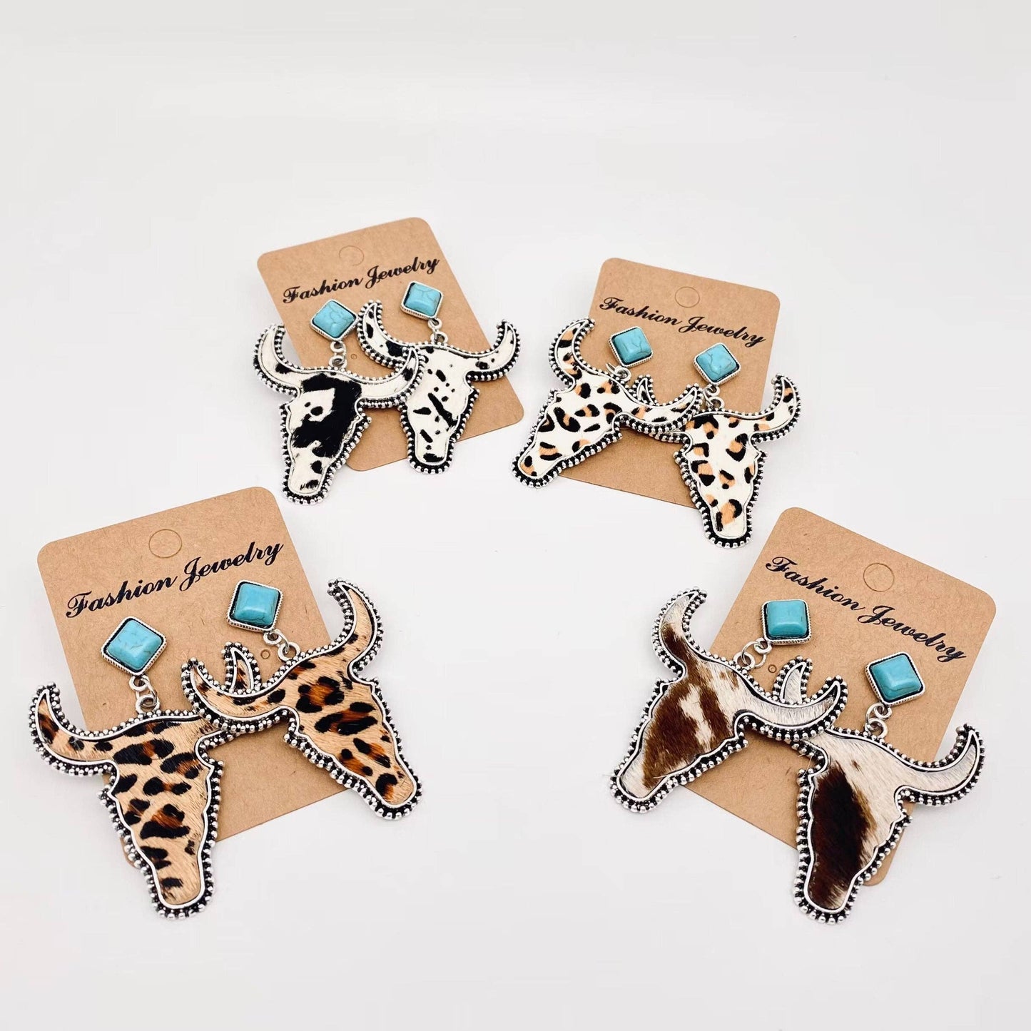 Western Style Cowhide Cowhead Shape Stud Earrings - WJ: 1