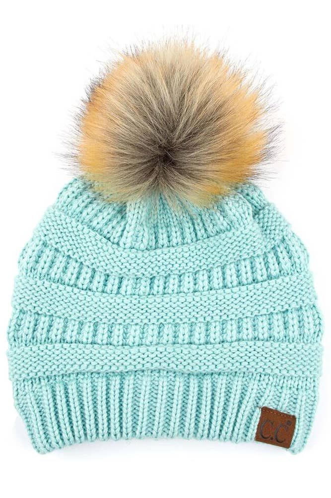 C.C Solid Ribbed Knit Beanie With Pom: Golden Walnut