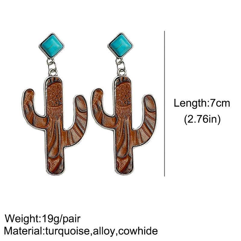 Cactus Embossed Cowhide Turquoise Western Style Earrings -WJ: 1