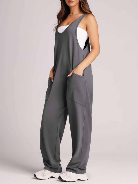 Pocket Sleeveless Knit Jumpsuit Pants: Gray / 2XL