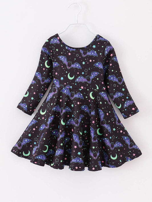 Fall 2024 Halloween Black Bat Crescent Moon Girl Dress: 3Y