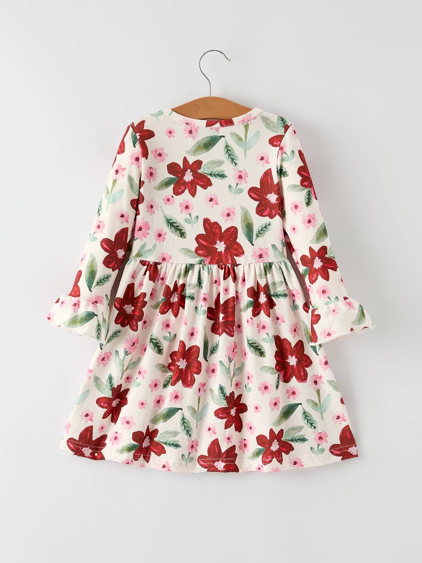 Christmas Girls' Long Sleeve Floral Dress – Red and Pink: 3