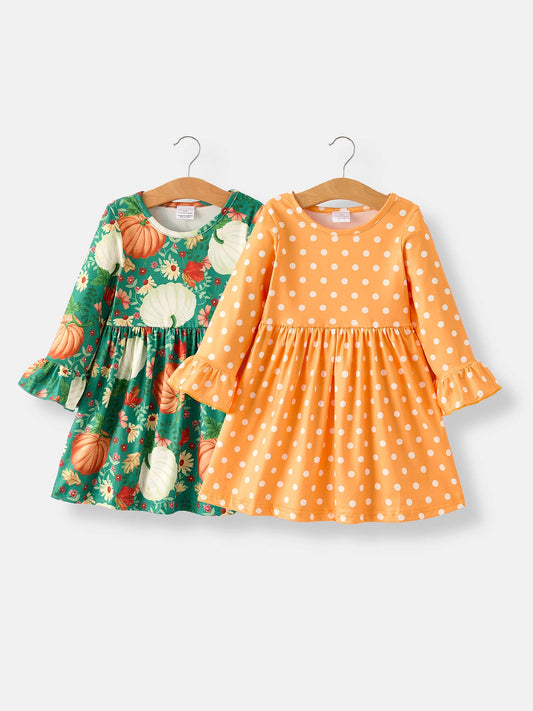 Thanksgiving Day Fall Girls Set Of 2 Pcs In One Package Pumpkin Print Dress: 9-10Y