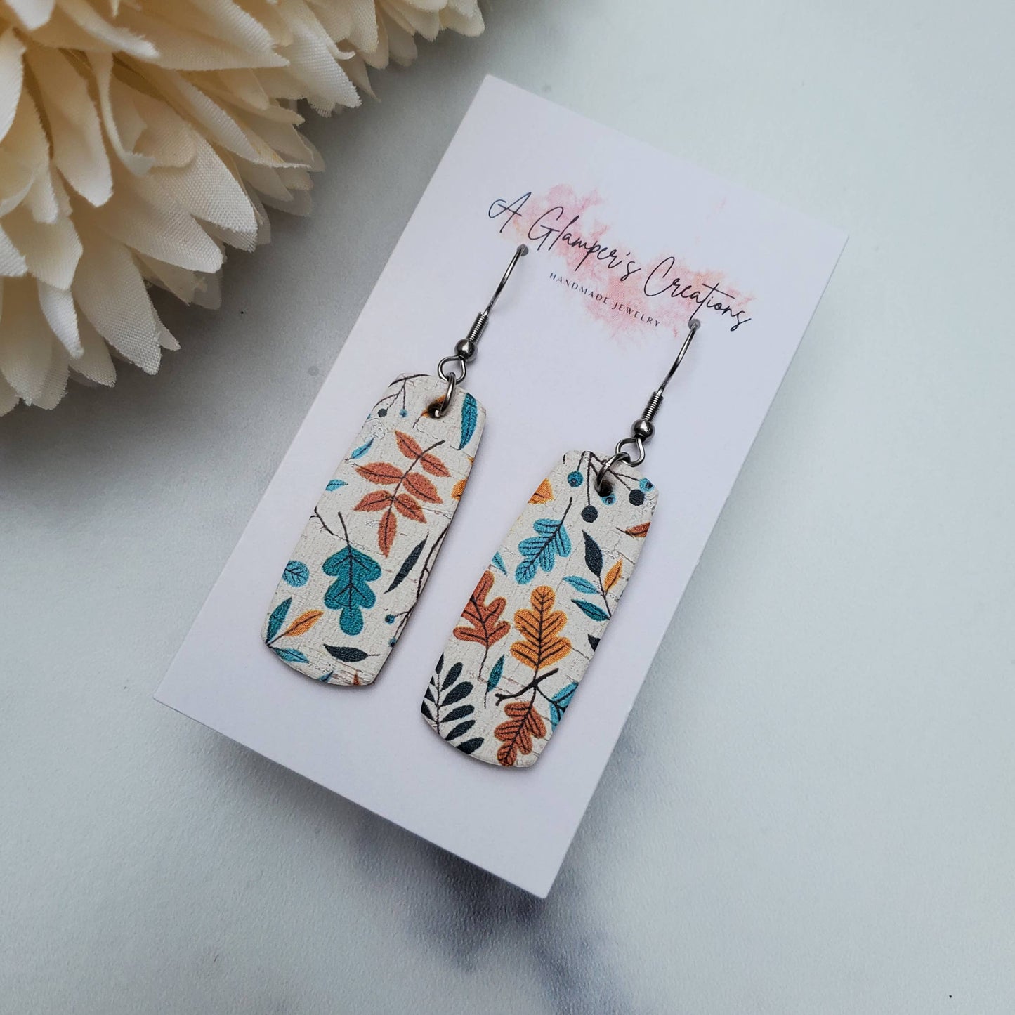 Fall Floral on White Mini Bar Leather Earrings
