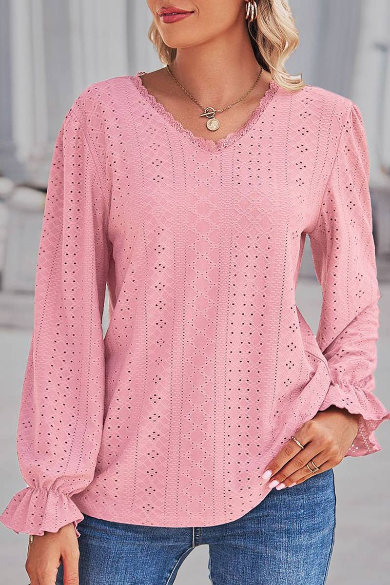 WOMEN LACE TRIM NECK EYELET LONG SLEEVE SHIRT TOP_CWTSTL0301: MAUVE / (M) 1