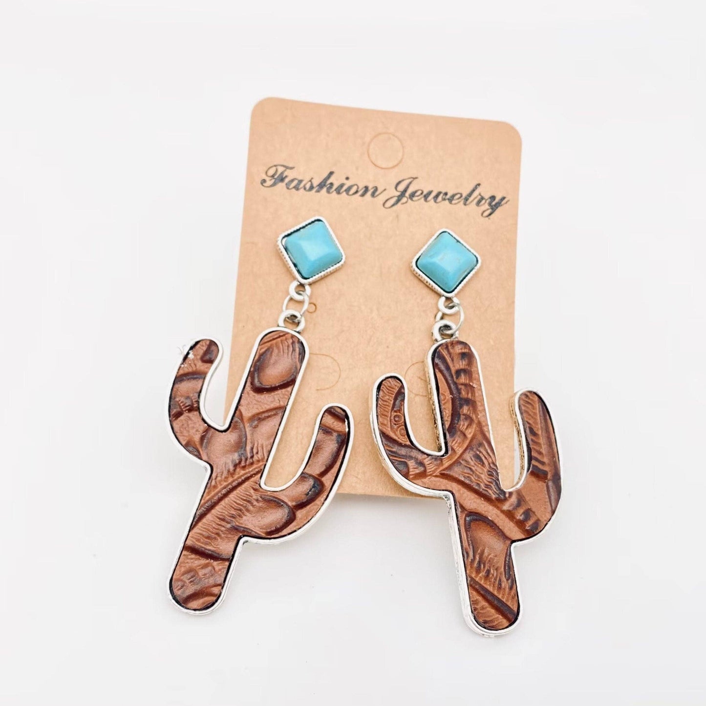 Cactus Embossed Cowhide Turquoise Western Style Earrings -WJ: 1