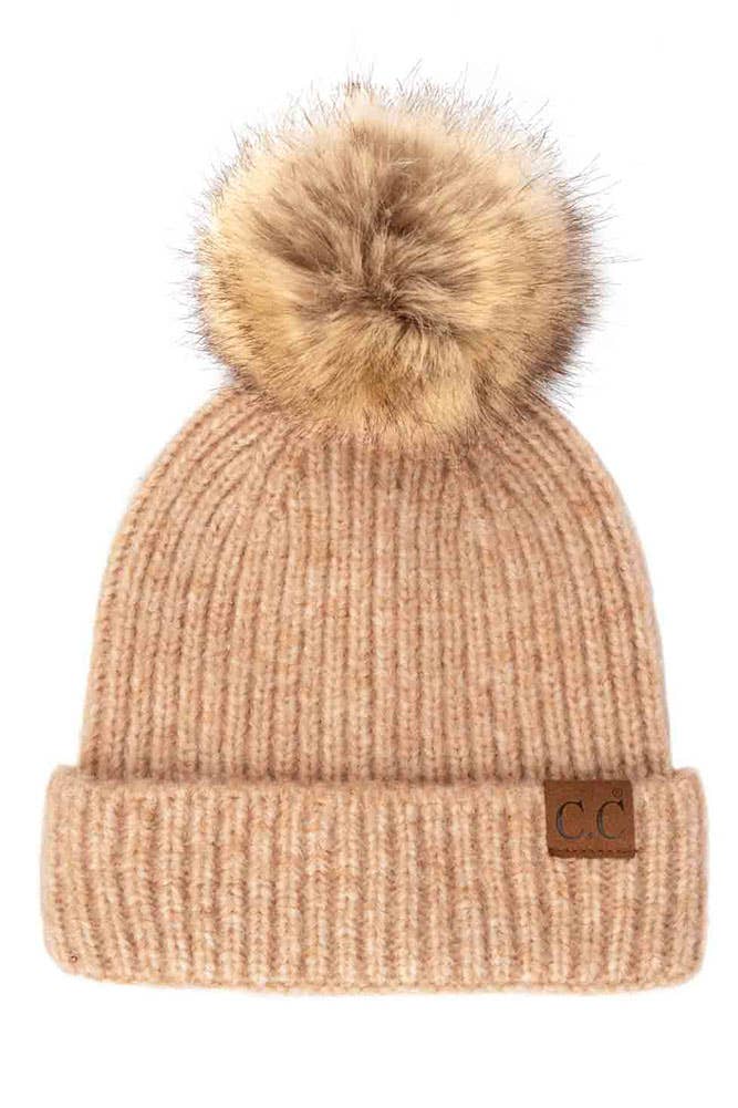 C.C Classic Rib Beanie with Faux Fur Pom Winter Hat: Aqua