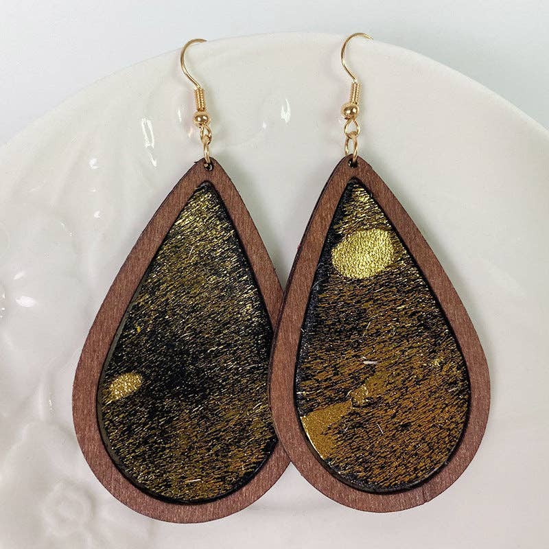 Leopard-print Horsehair Cowhide Wooden Drop Earrings - WJ: 2