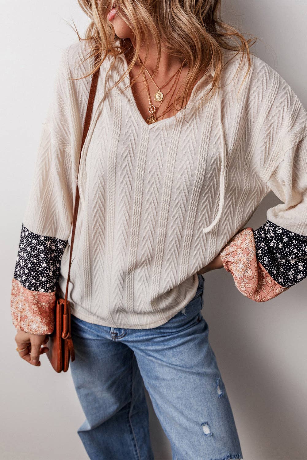 Floral Patchwork Textured Knit Drawstring V Neck Blouse: Dusty Pink / 97%Polyester+3%Elastane / L