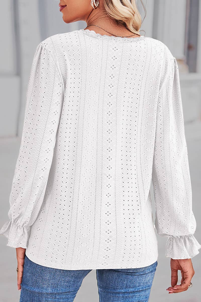 WOMEN LACE TRIM NECK EYELET LONG SLEEVE SHIRT TOP_CWTSTL0301: MAUVE / (L) 1