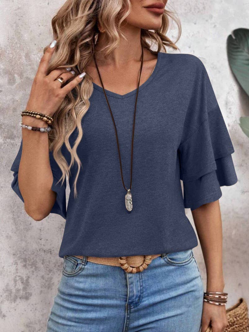 Summer V-Neck Ruffle Sleeve Loose Short-Sleeved T-Shirt: Camel / M