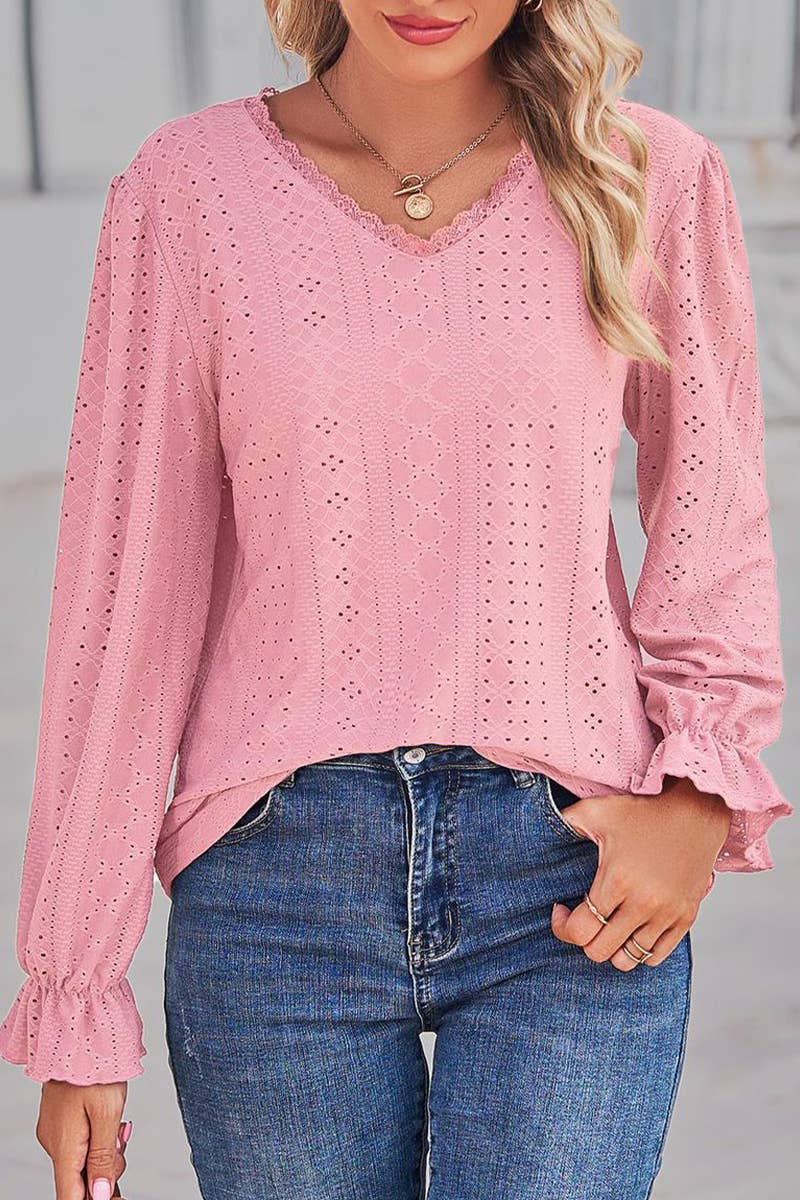 WOMEN LACE TRIM NECK EYELET LONG SLEEVE SHIRT TOP_CWTSTL0301: MAUVE / (L) 1