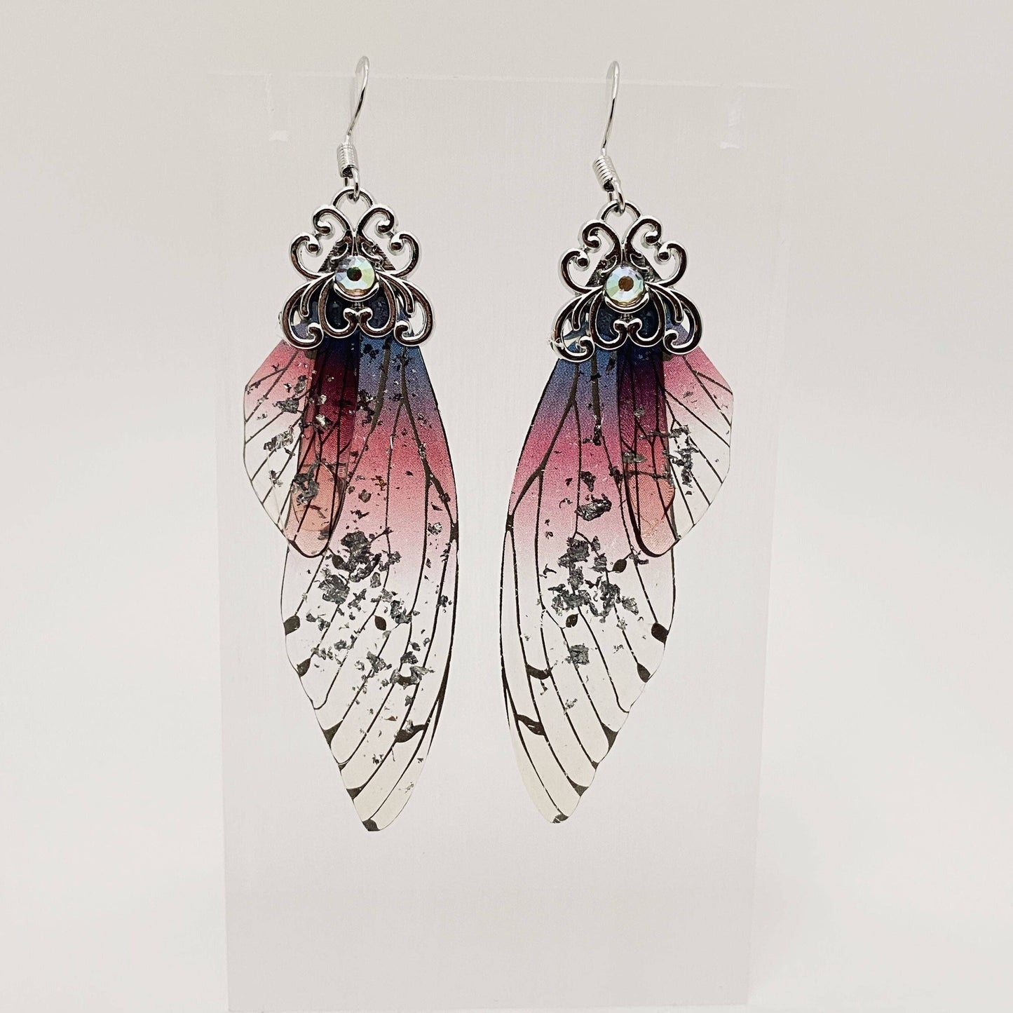 Handmade Fairy Wings Earrings Insect Butterfly Wing: Silver Green Pink