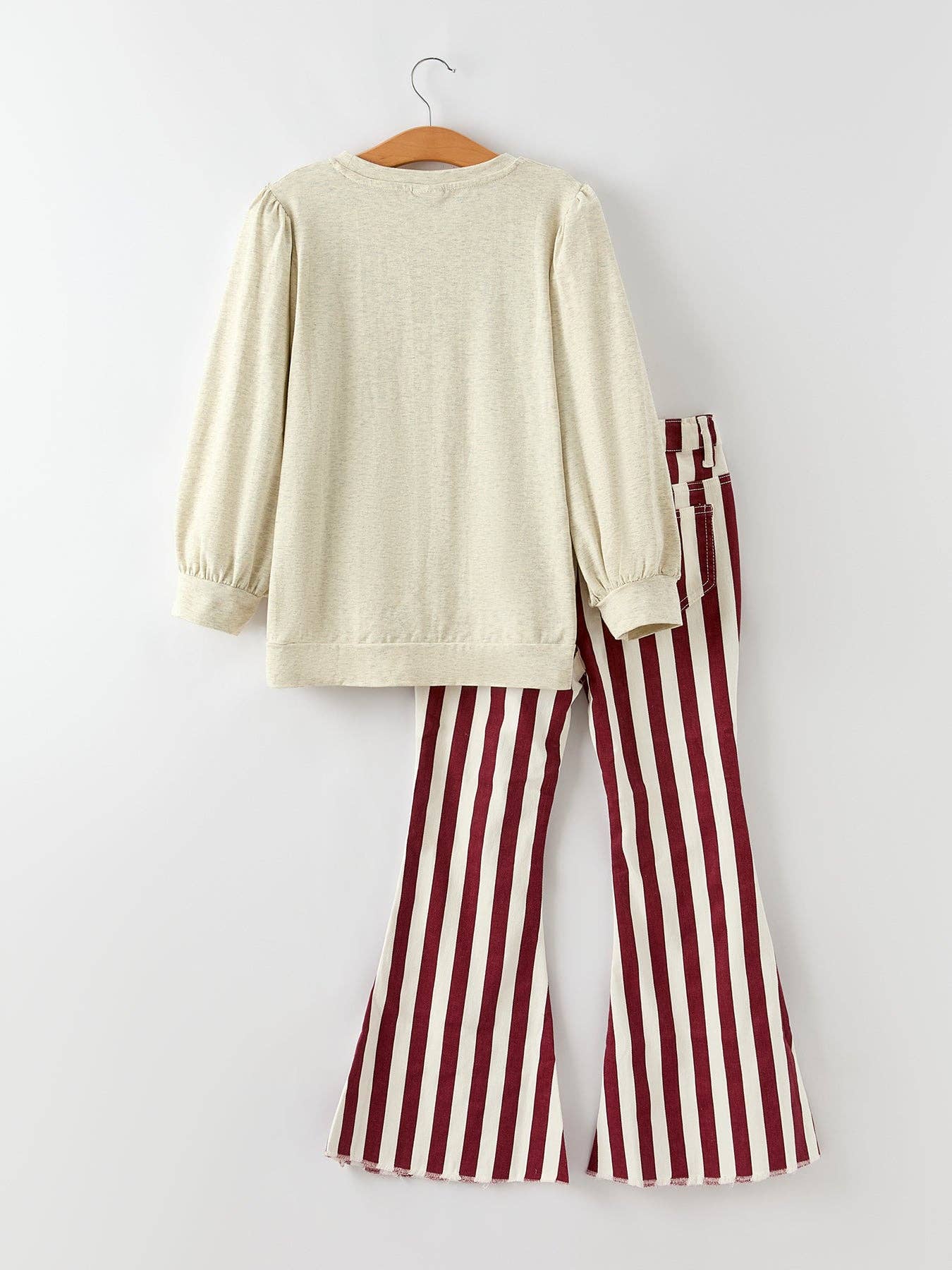 Fall Thanksgiving Pumpkin Print Top + Striped Denim Flared Pants Girls Set: 12M